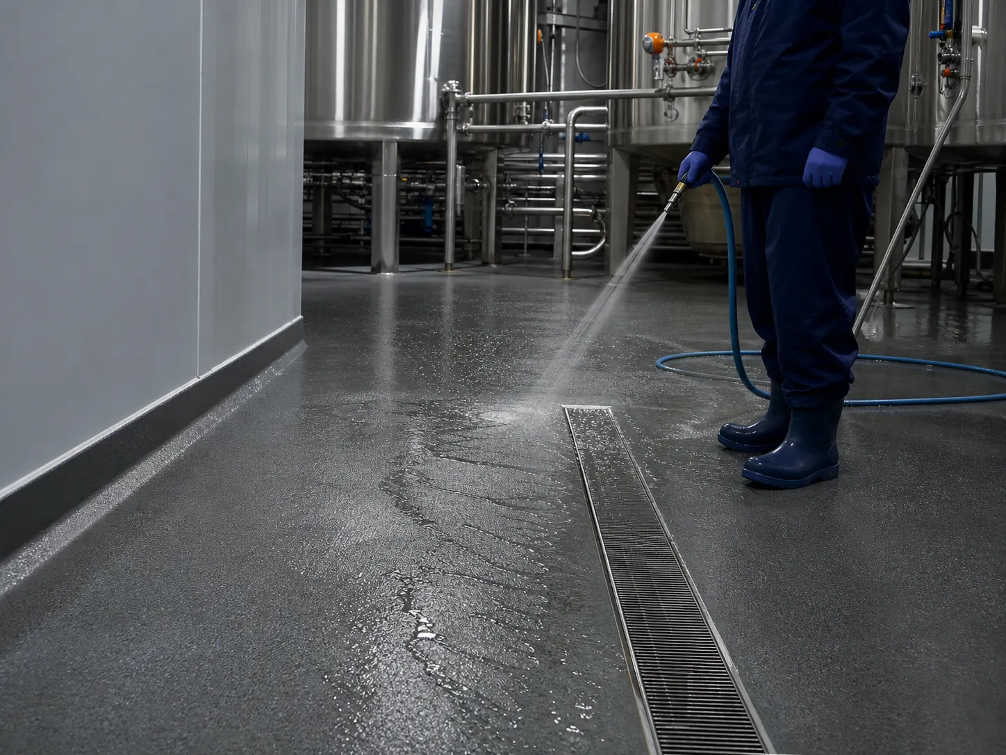 Textured resin floor, wash water, stainless trench drain and PPE boots in a food factory wet-process zone