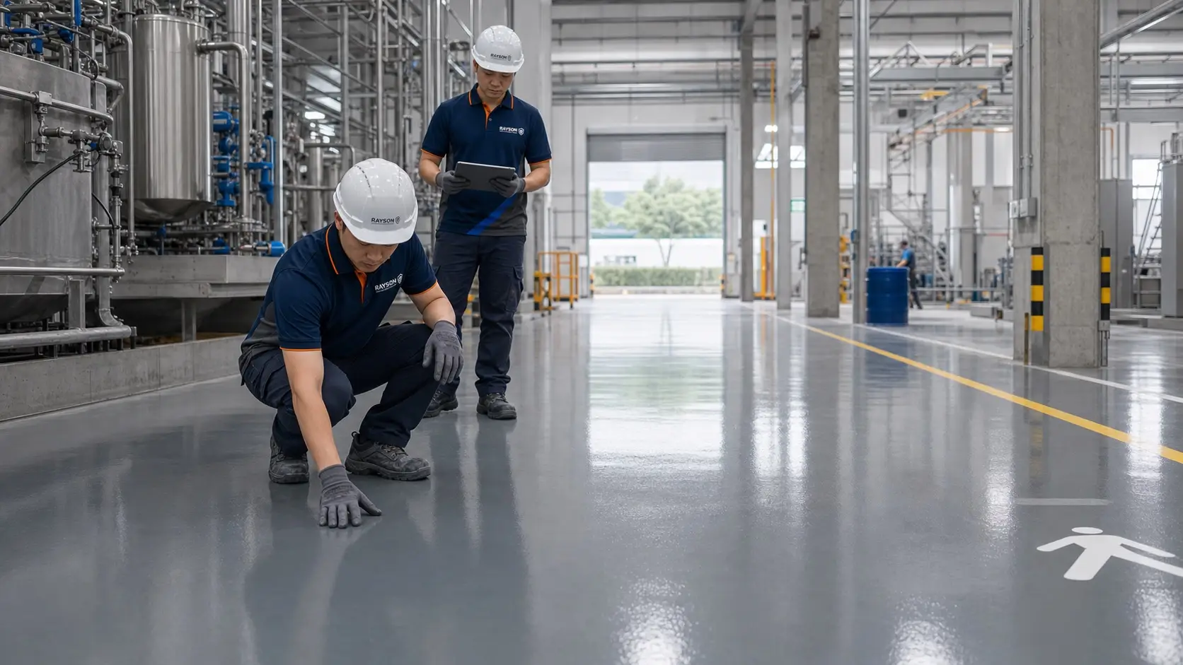 Rayson technical specialists inspecting a high-performance floor in a modern industrial facility