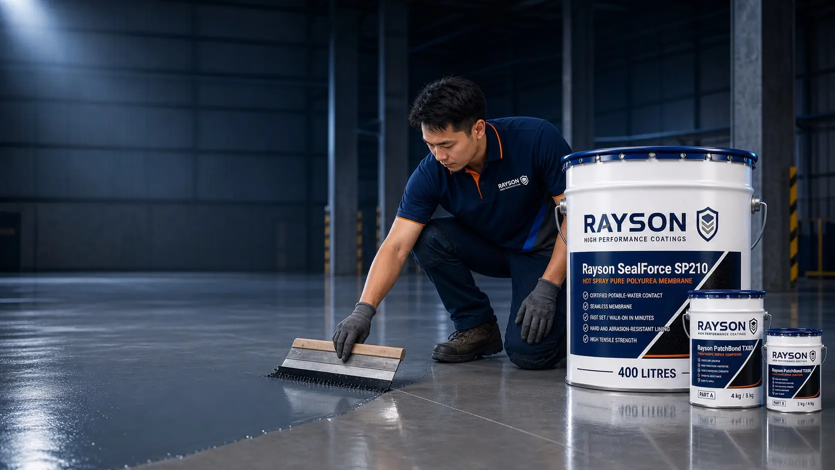 Applicator finishing a high-performance deck coating — cure time before traffic is the hot-tyre defence