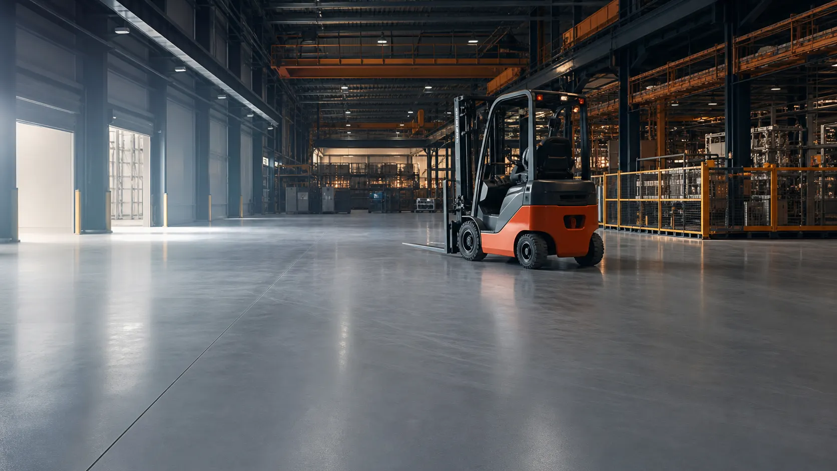 Forklift operating on a seamless industrial warehouse floor