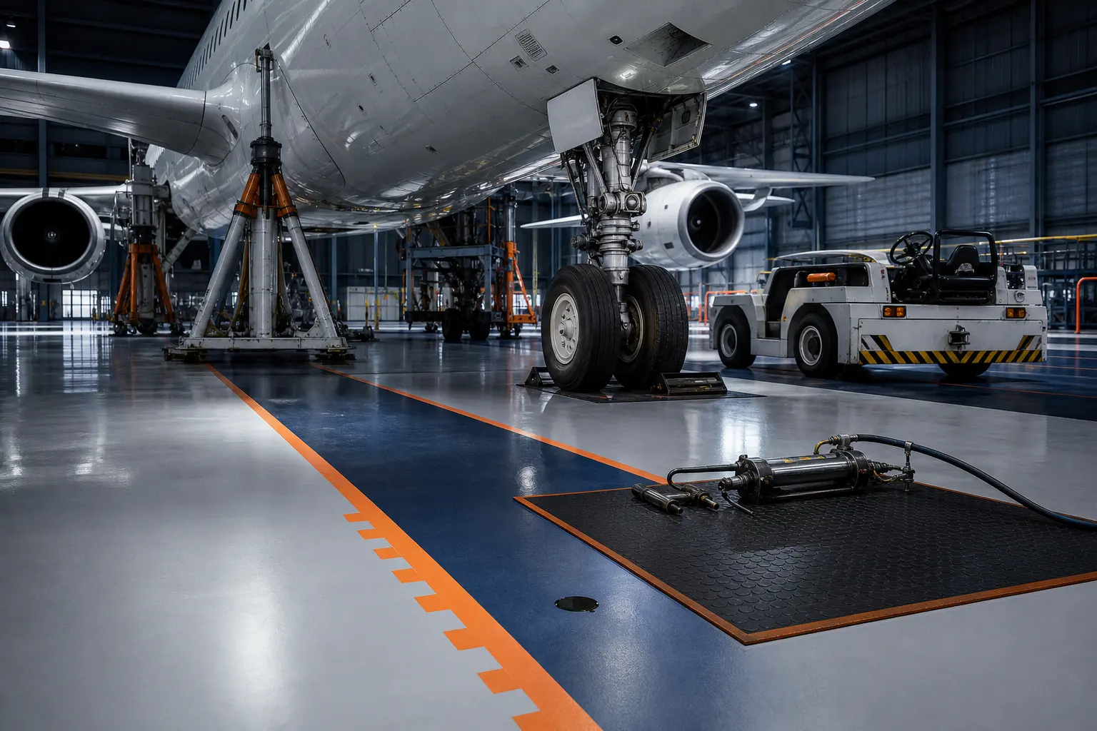 Aircraft maintenance hangar floor carrying landing-gear point loads, tooling and ground-support traffic