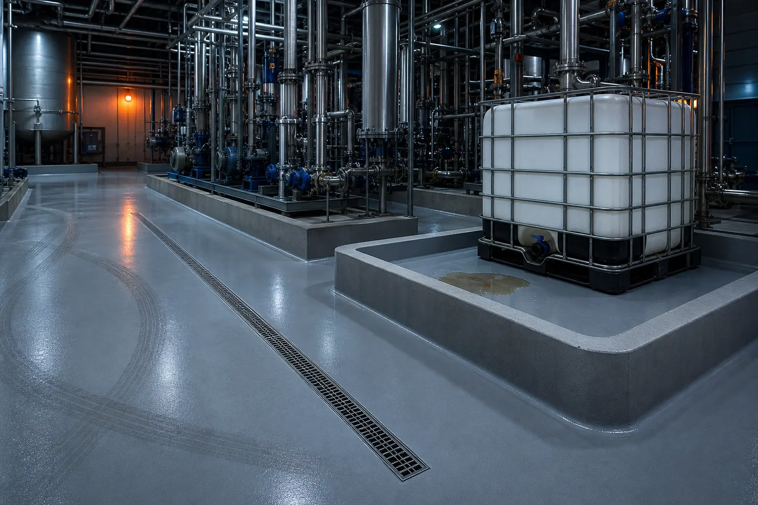 Chemical process floor with sealed bunds, coved details, drainage and liquid containment
