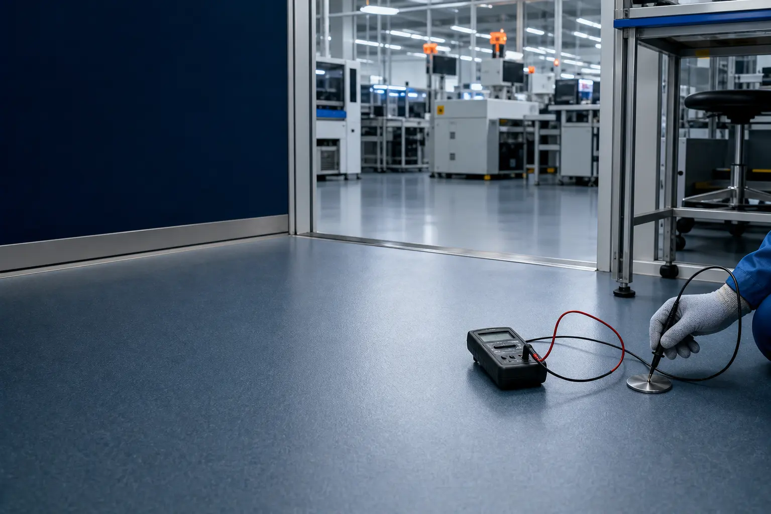 Controlled electronics-production floor with a resistance verification check in progress