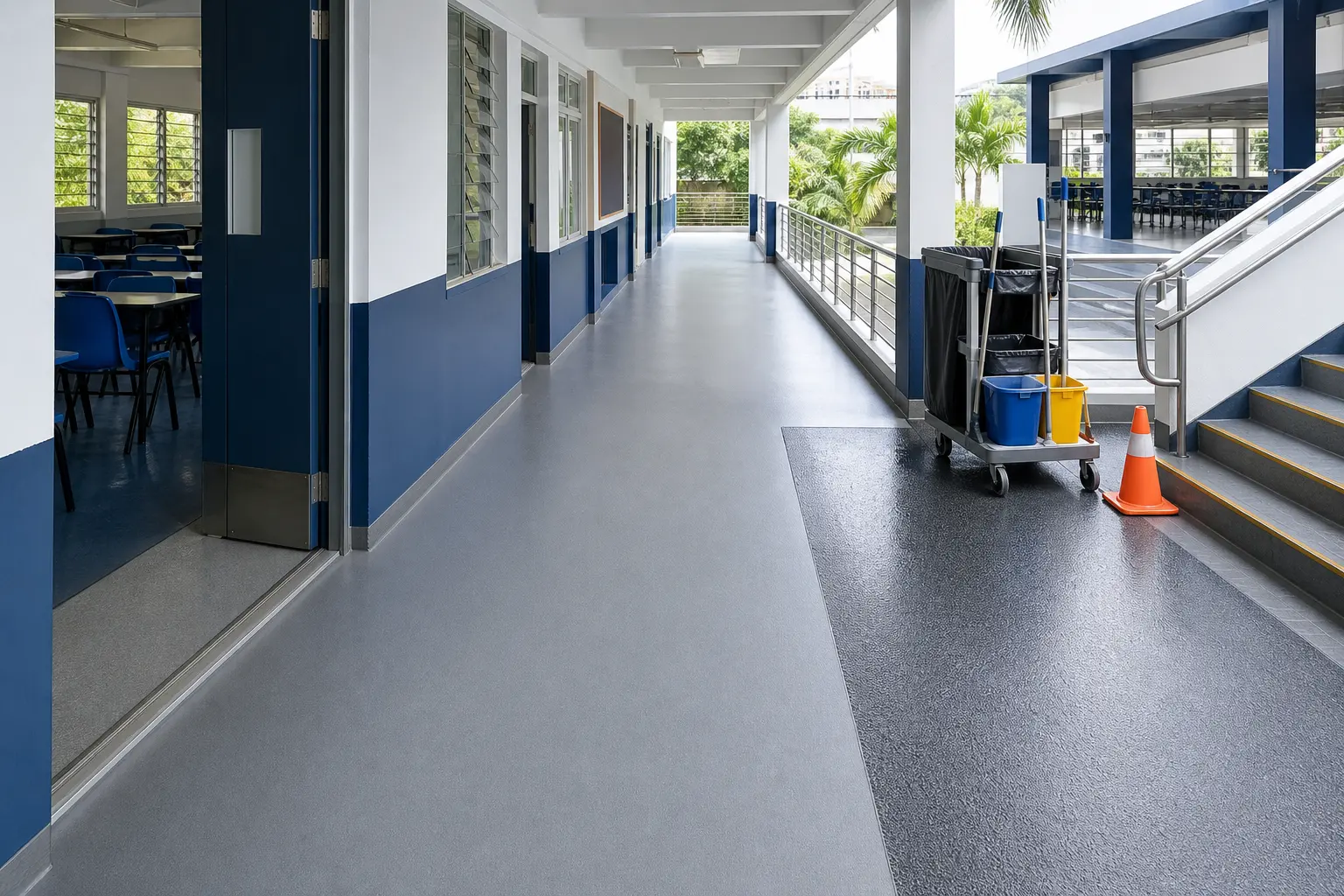 Singapore school corridor with a renewed low-odour floor, wet-cleaning zone and anti-slip stair details