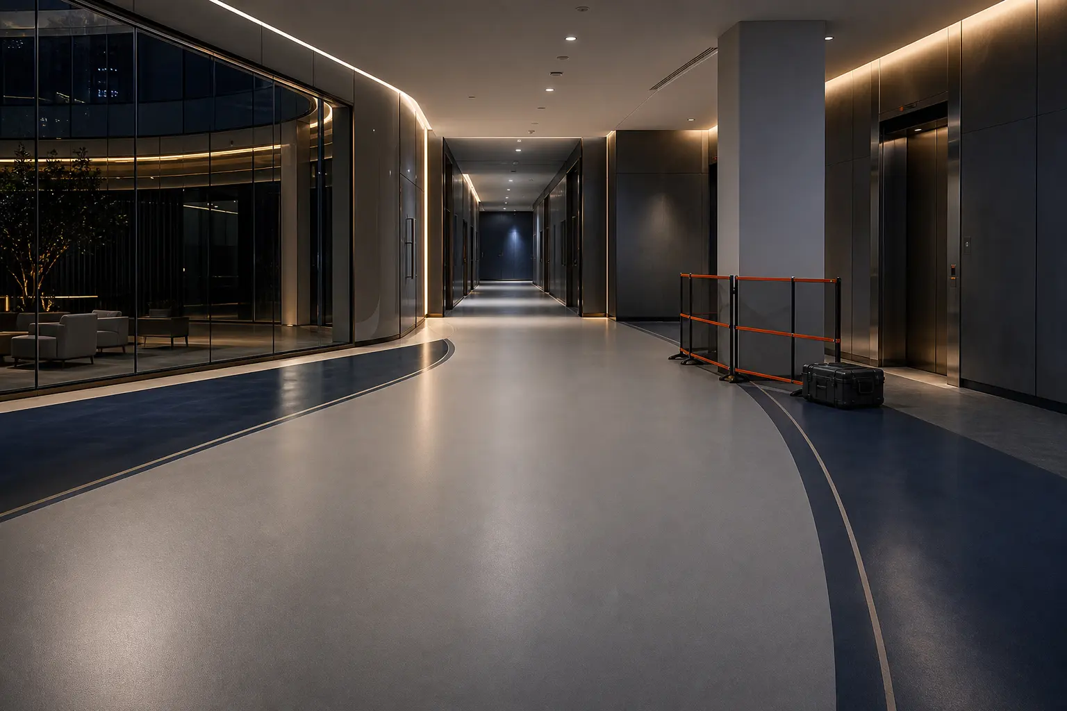 Commercial office lift lobby prepared for low-odour after-hours floor renewal