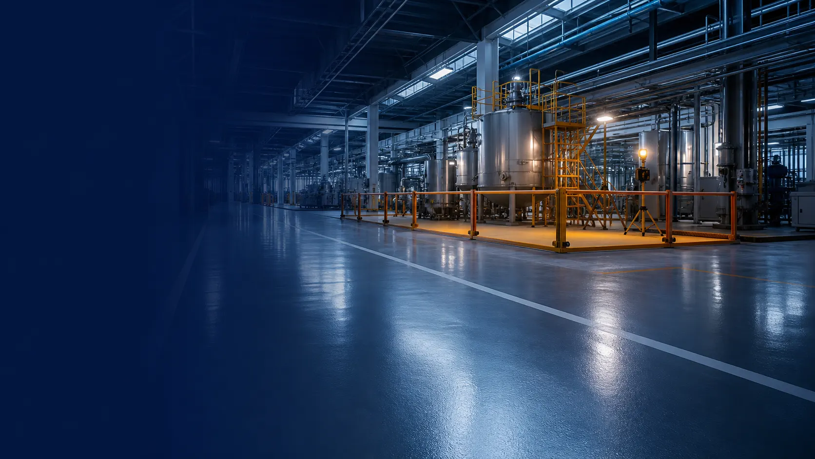 Modern industrial facility at blue hour with one isolated work zone while the wider operation remains clean and controlled