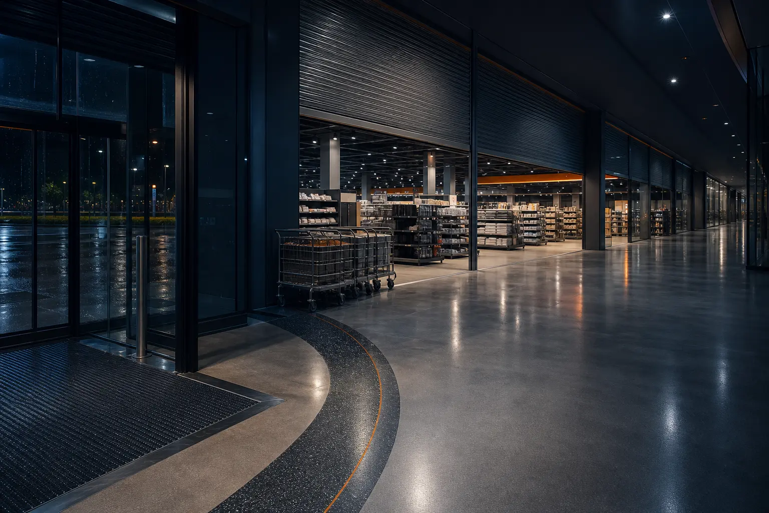 Retail aisle during an overnight maintenance window with trolley traffic and a rain-entry transition