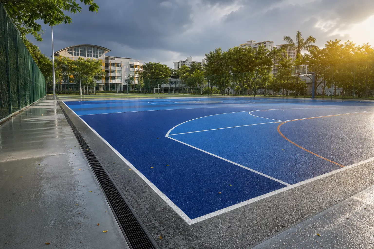 Outdoor Singapore sports court after rain showing acrylic colour, traction texture and perimeter drainage