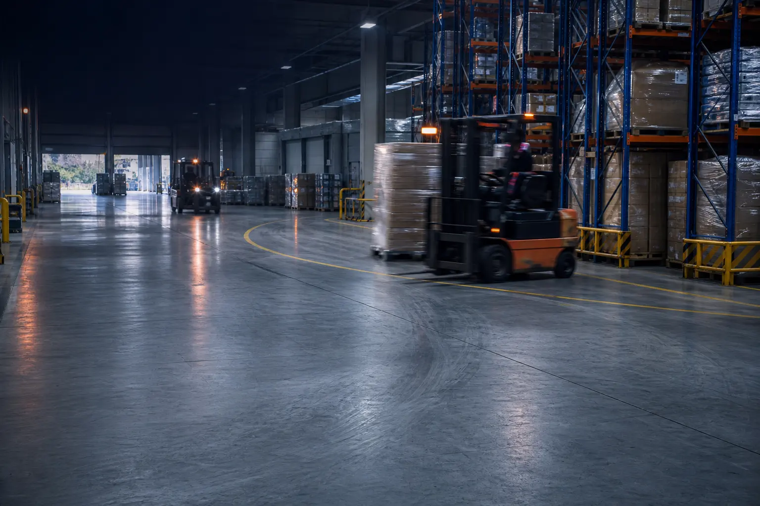 Coated warehouse floor carrying forklift traffic, pallet loads and busy logistics routes
