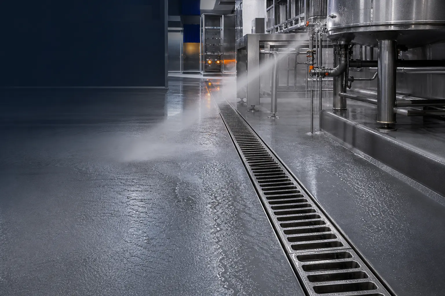 Seamless hygienic production floor with drainage and controlled wash-down conditions