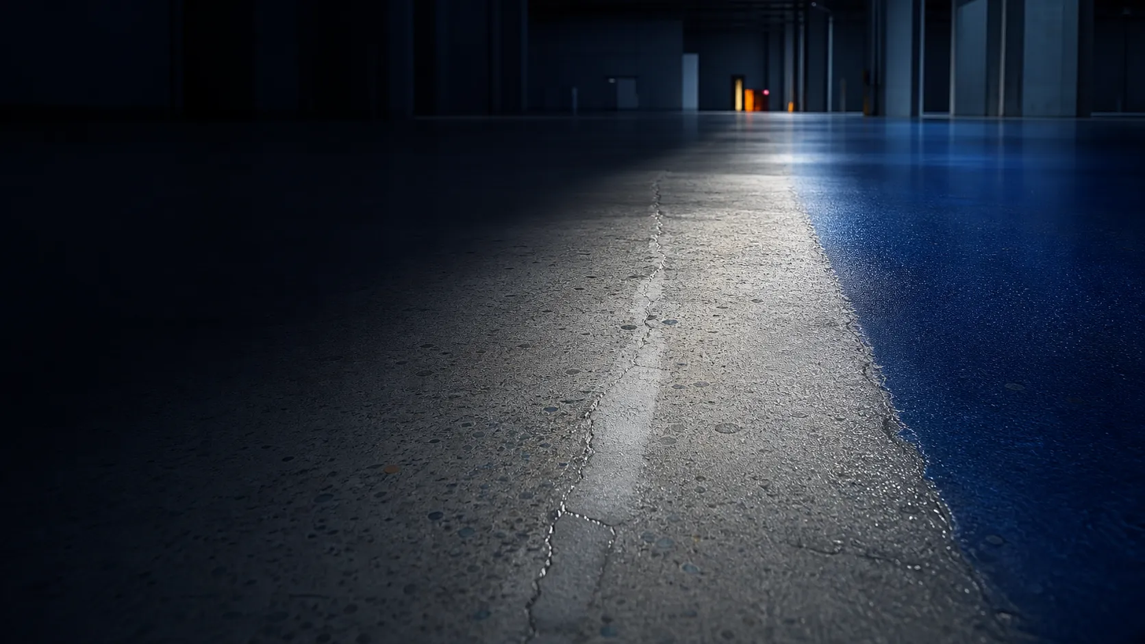 Raking light crossing prepared concrete, a repaired crack and a continuous deep-blue protective floor finish
