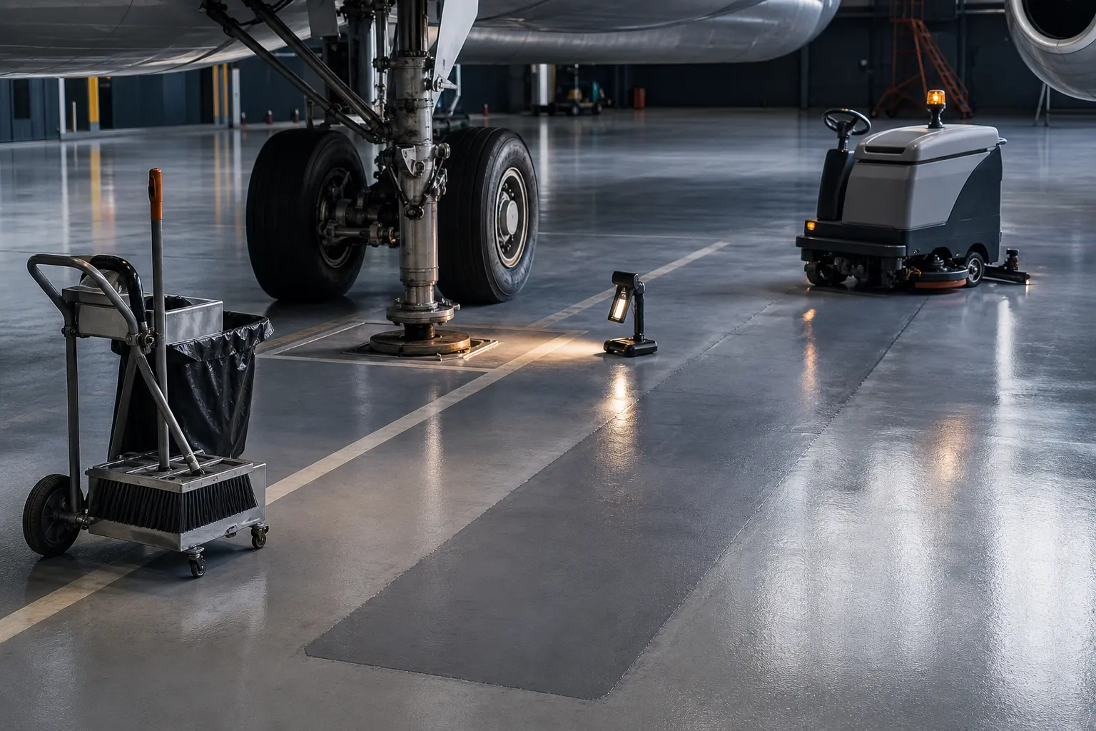 Aircraft hangar floor undergoing FOD cleaning, jacking-point inspection and wear-lane maintenance