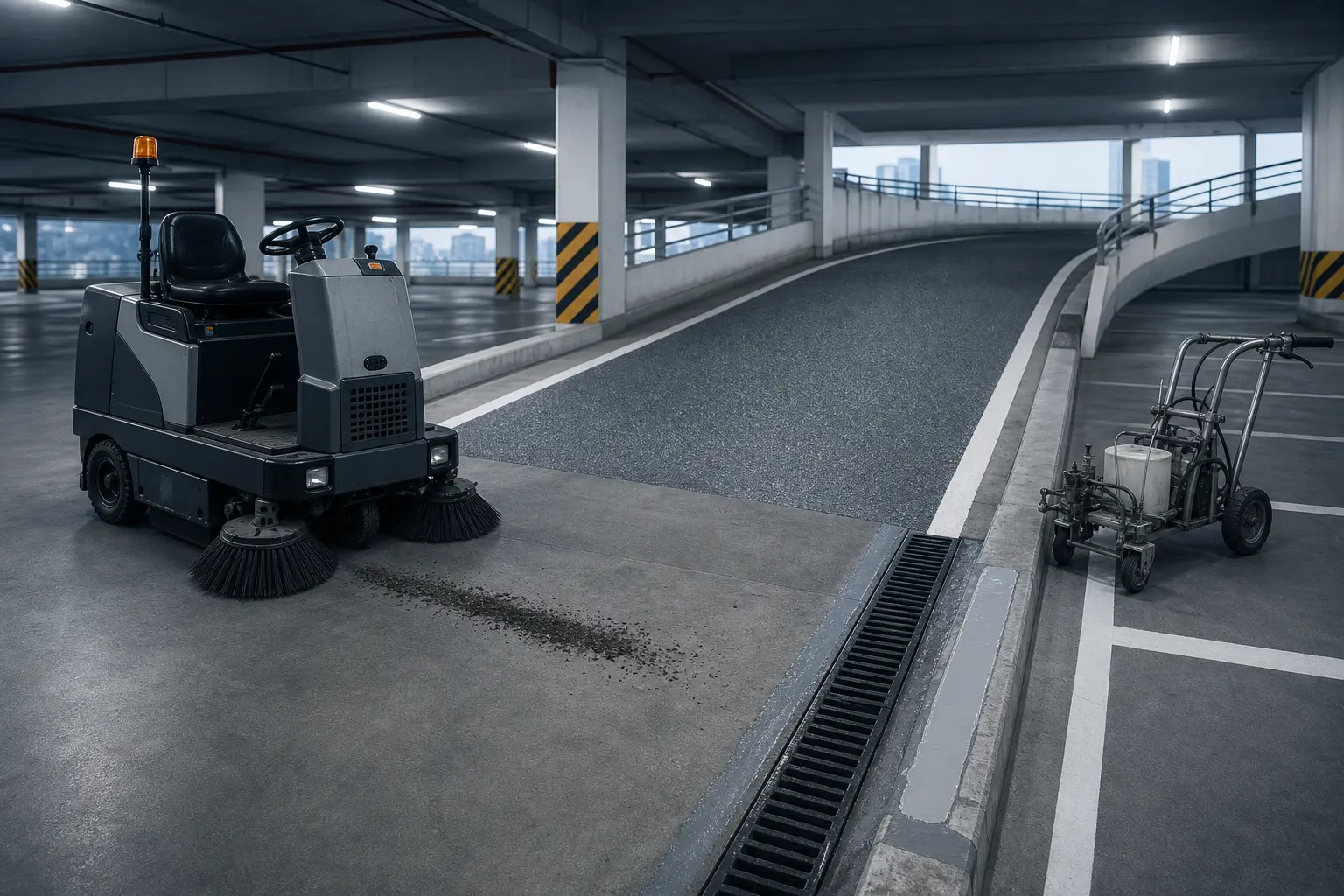 Car park ramp undergoing grit sweeping, anti-slip texture renewal and drainage maintenance