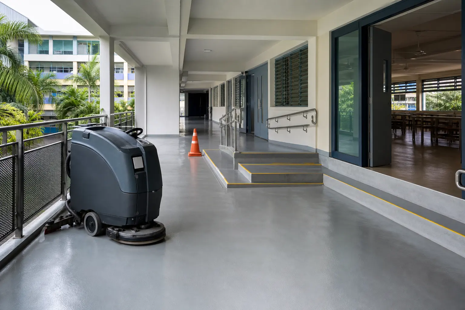 Singapore school corridor undergoing term-break cleaning and stair-nosing inspection