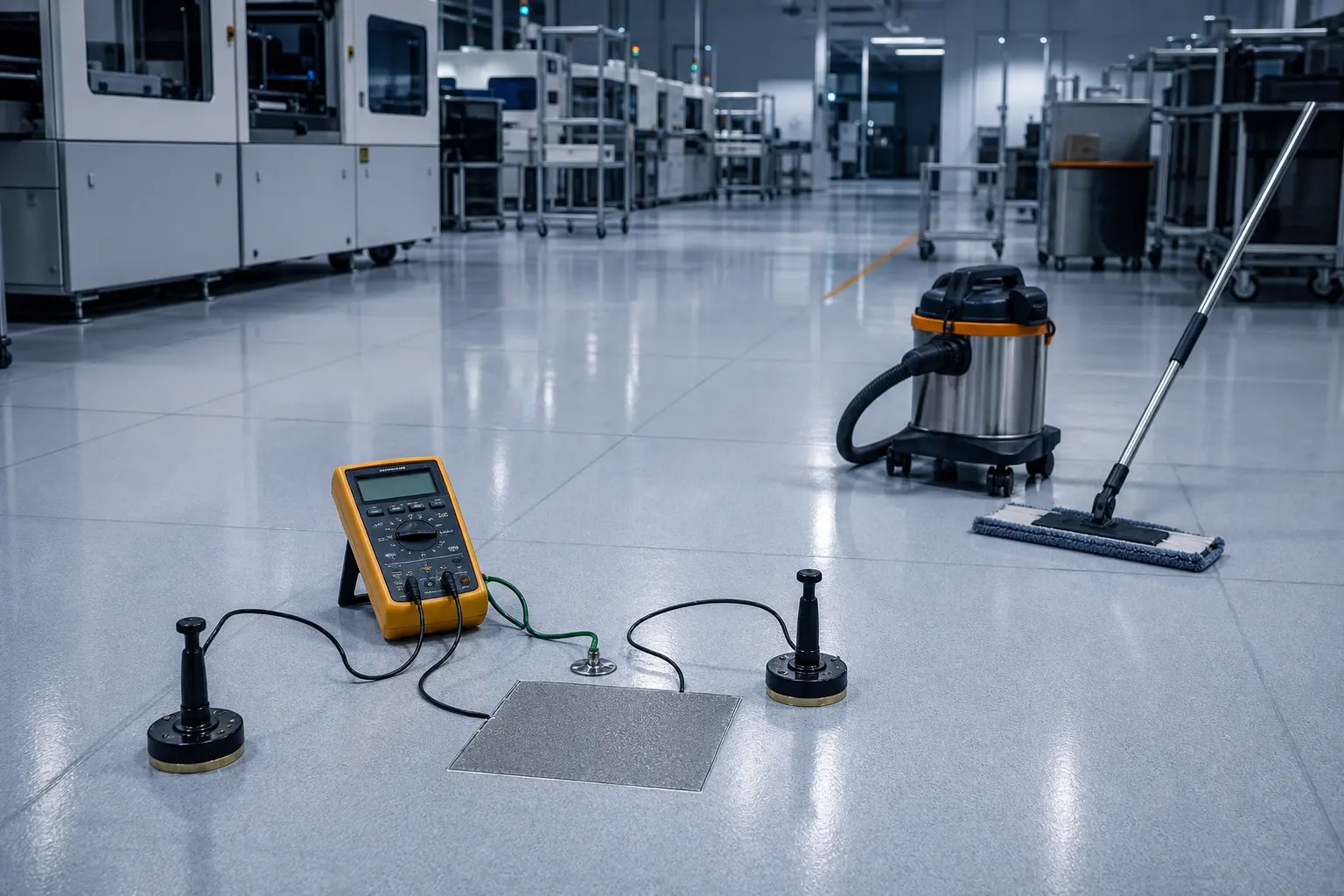 Electronics-production floor undergoing scheduled resistance testing and conductive-path inspection