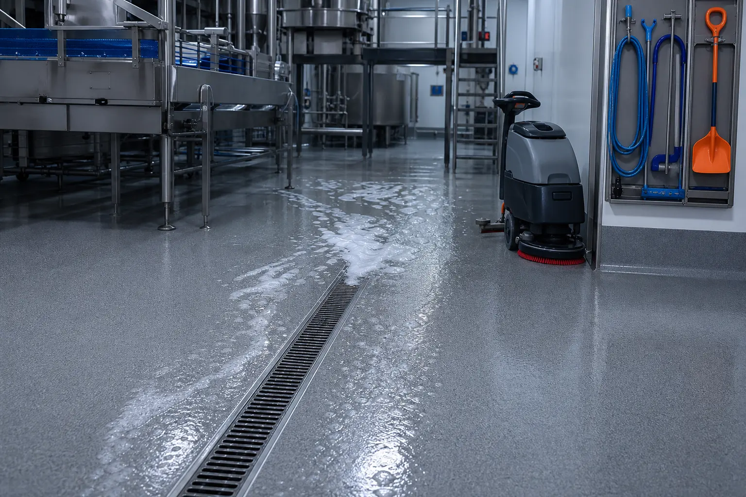 Hygienic food-production floor after wash-down with channel drain, coved details and cleaning equipment