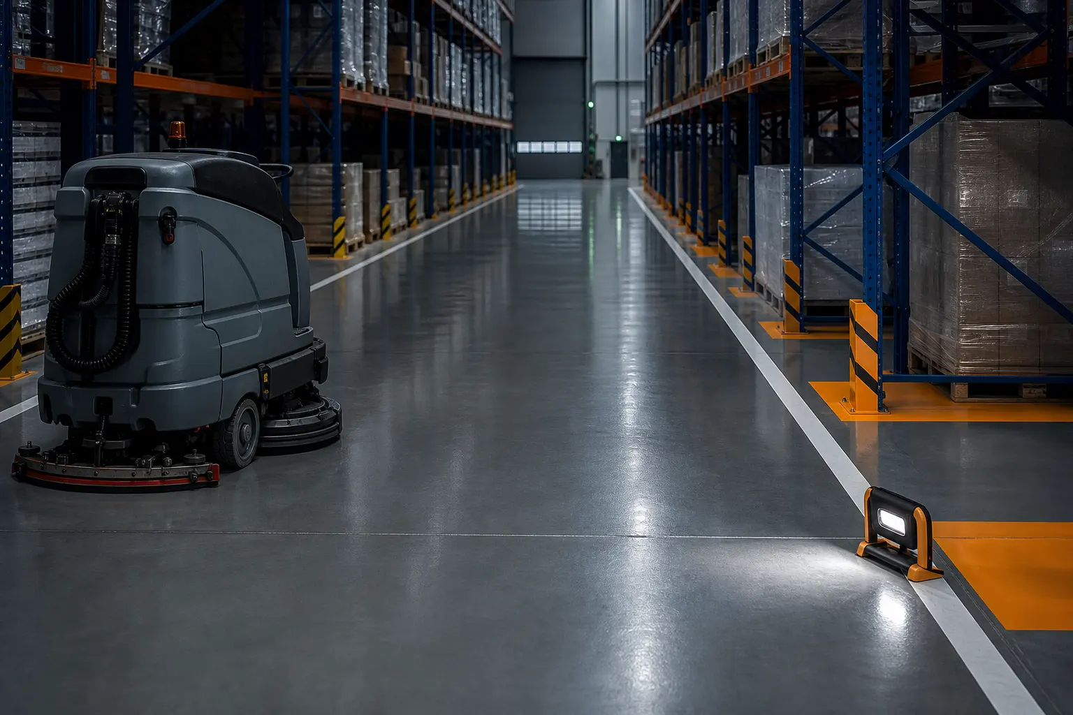 Warehouse aisle undergoing planned scrub-dry cleaning, joint inspection and line-marking maintenance
