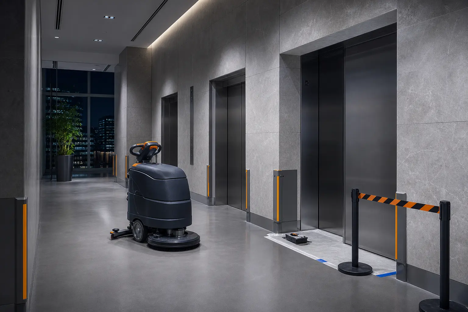 Commercial office lift lobby undergoing quiet after-hours floor cleaning and touch-up maintenance