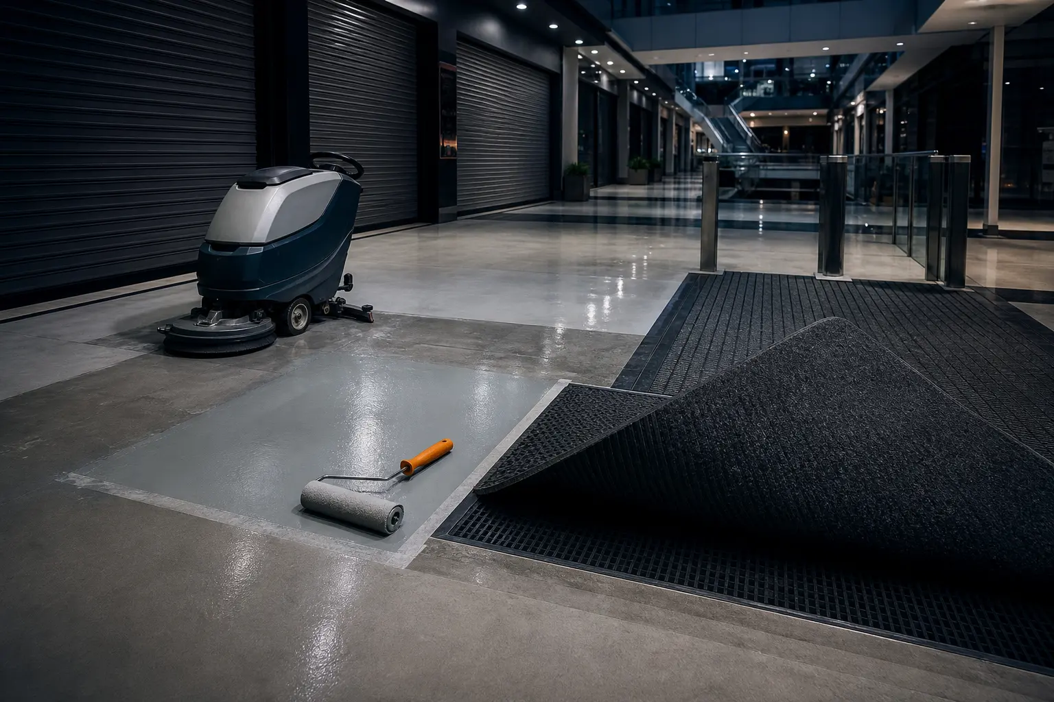 Retail mall aisle undergoing overnight cleaning, entrance inspection and finish-coat renewal