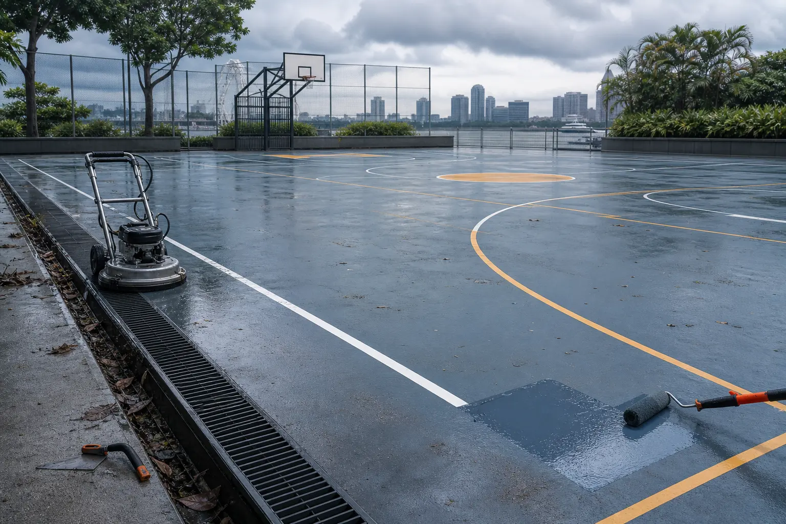Outdoor sports court undergoing soft washing, drainage clearing and line and colour-coat renewal