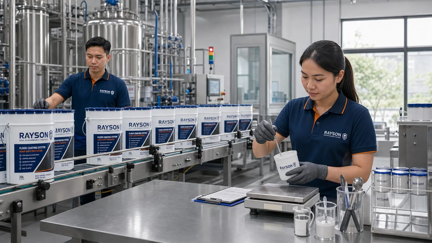 Coating production and quality-control work inside a Singapore manufacturing facility