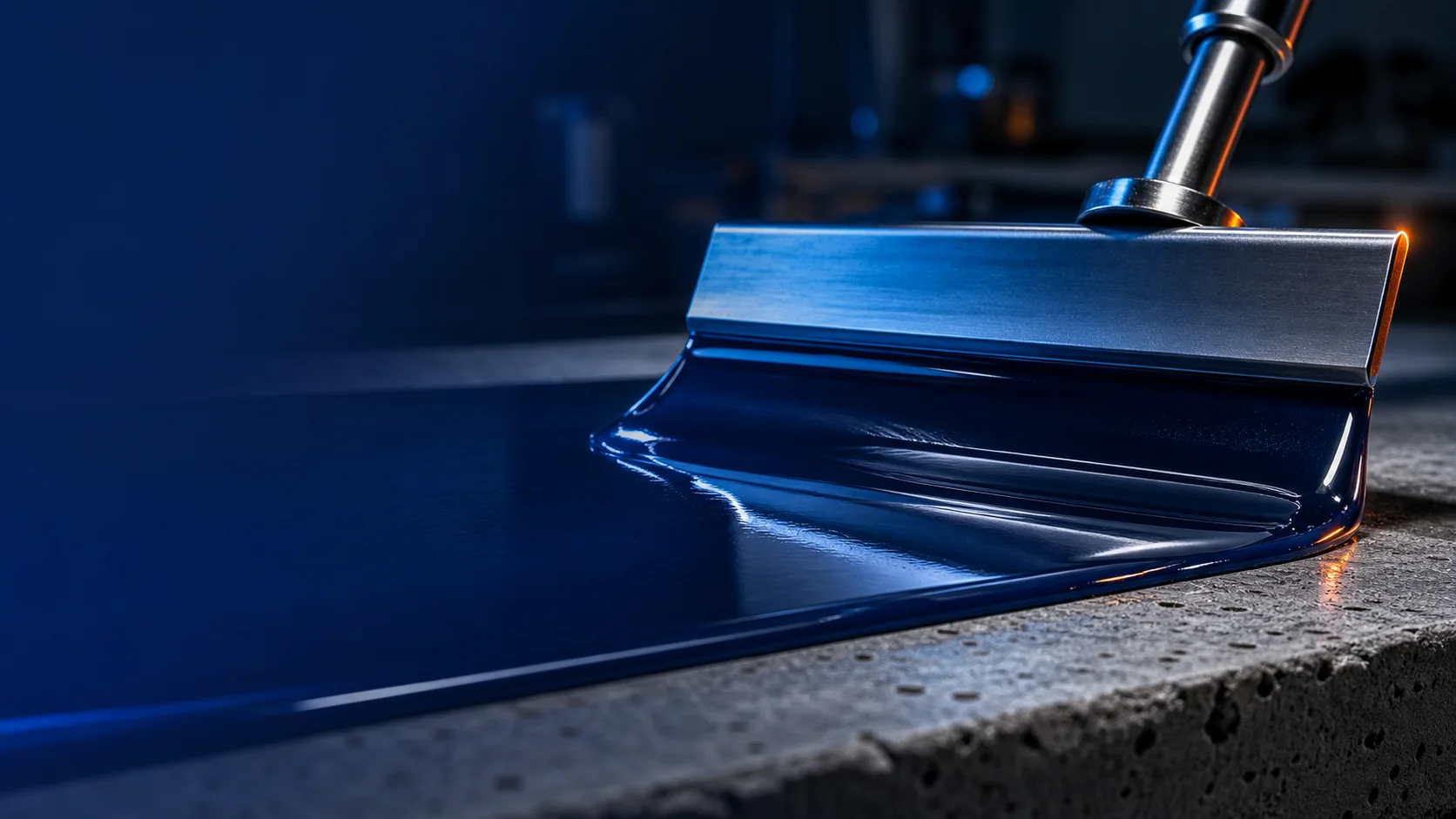 Material-behaviour concept showing dense blue resin drawn slowly across prepared concrete with a drawdown bar