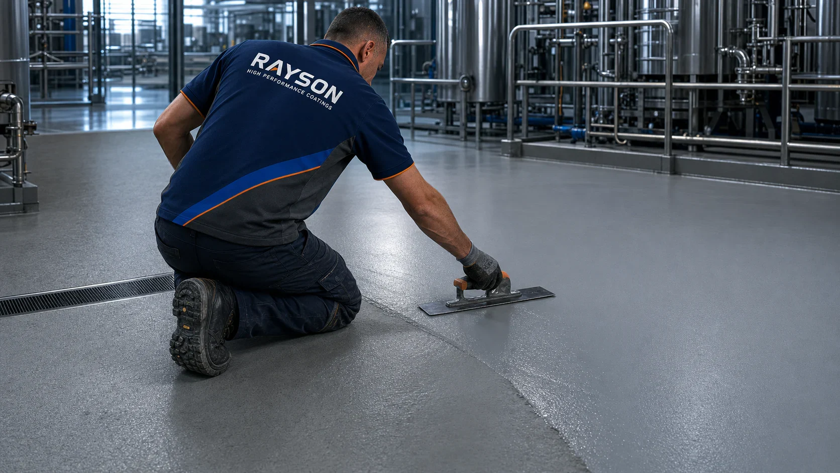 Rayson SiteForce technician applying a polyurethane-cement screed with a steel trowel in a food and beverage production facility