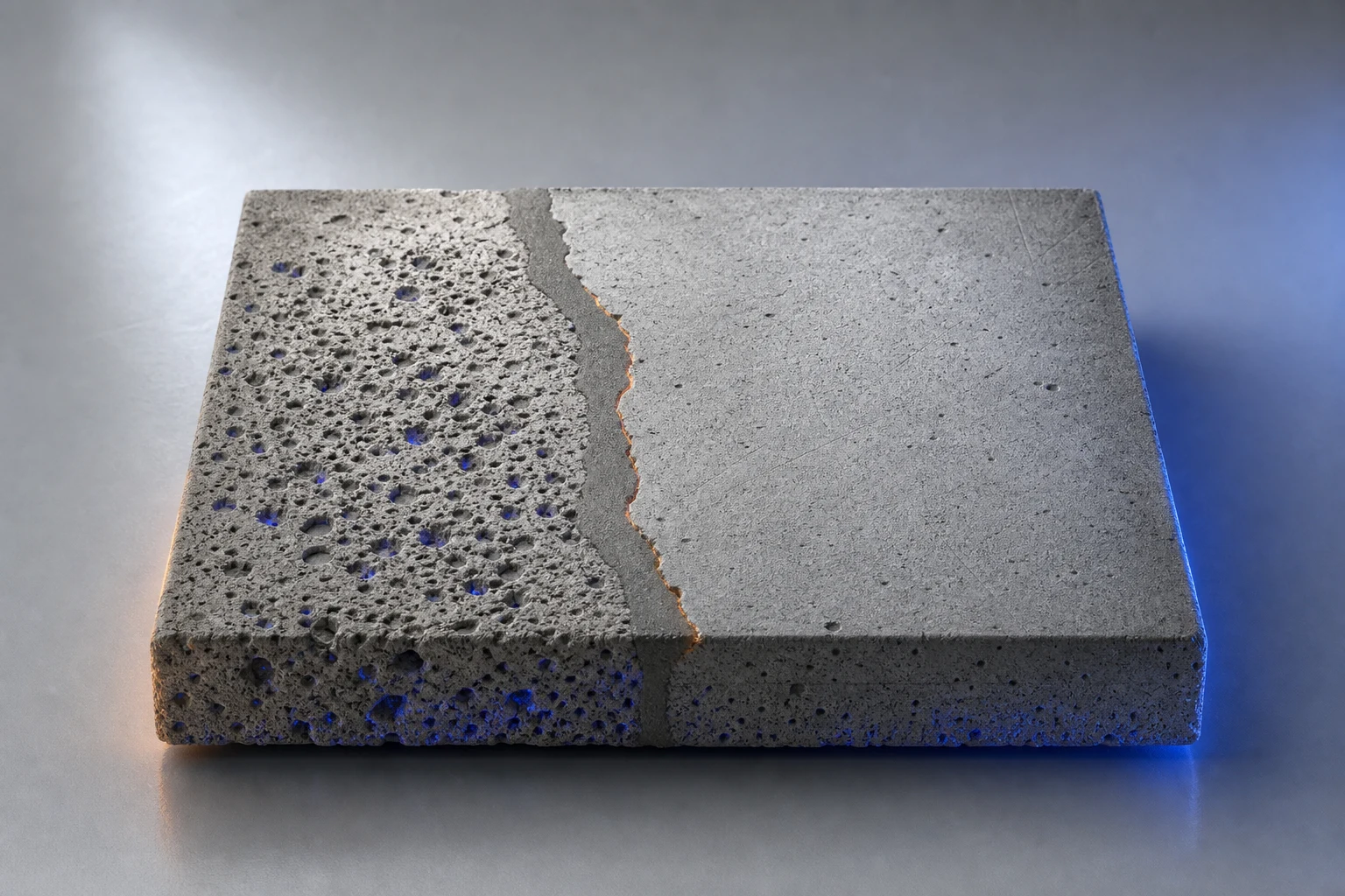 Concrete specimen showing porous concrete, a repaired joint and a prepared surface ready for a coating system