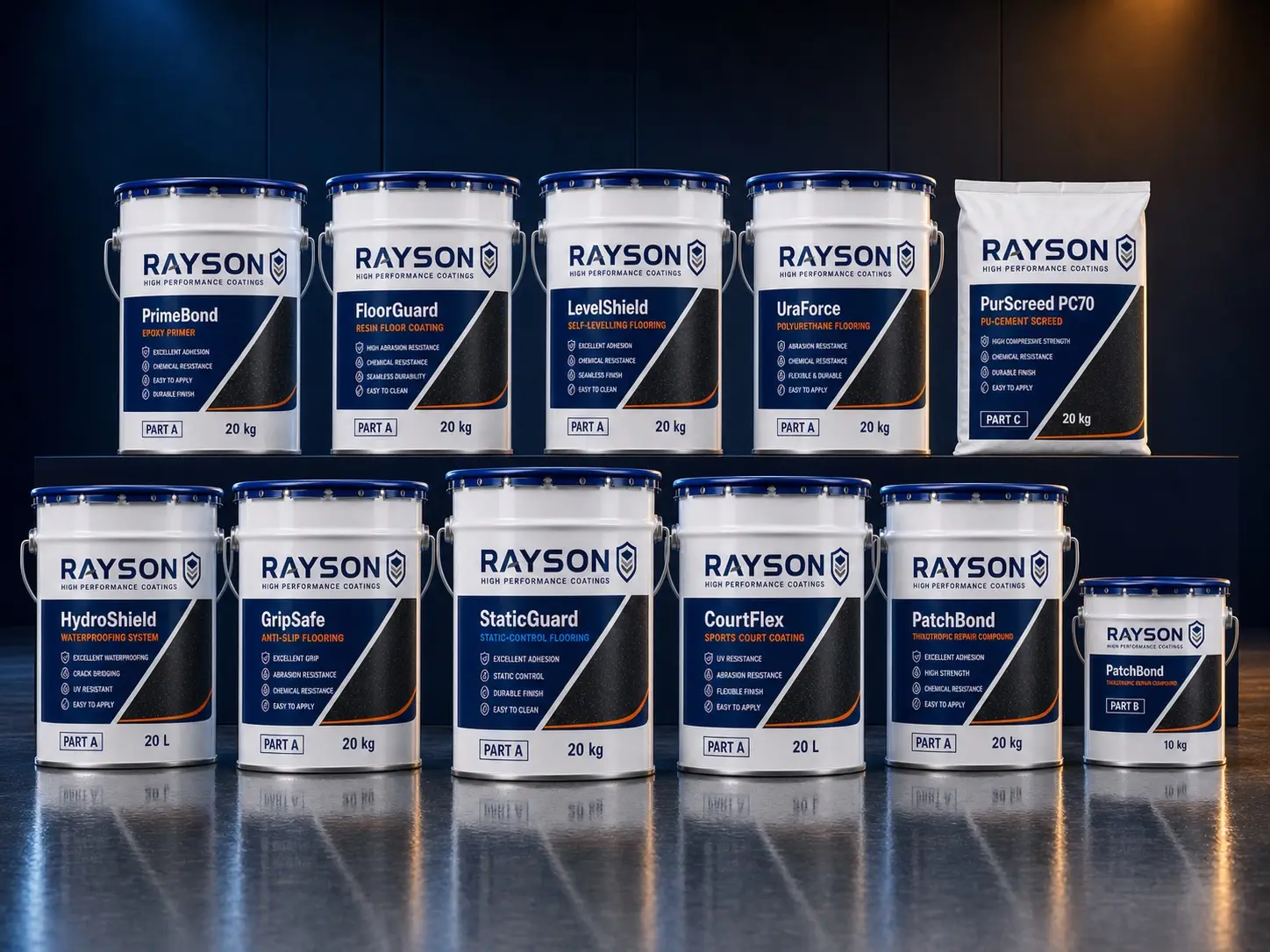 A manufactured coating product range lined up on a factory floor — the end point of a private-label programme