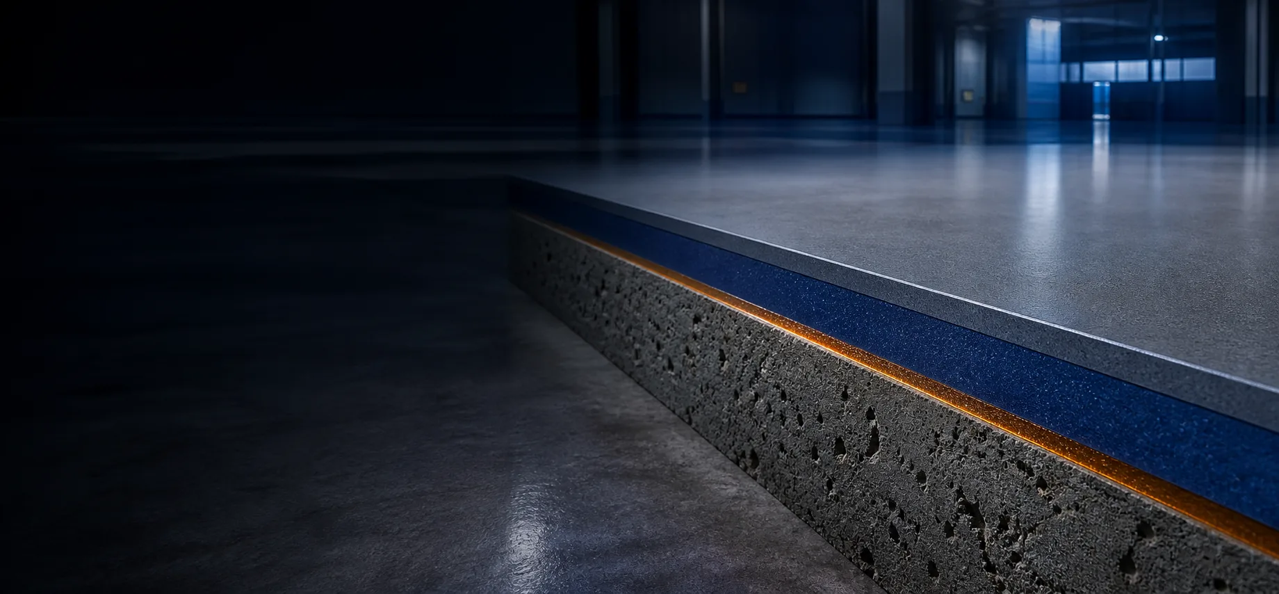 Bonded Rayson protective coating system showing concrete substrate, primer, resin body layer and protective finish