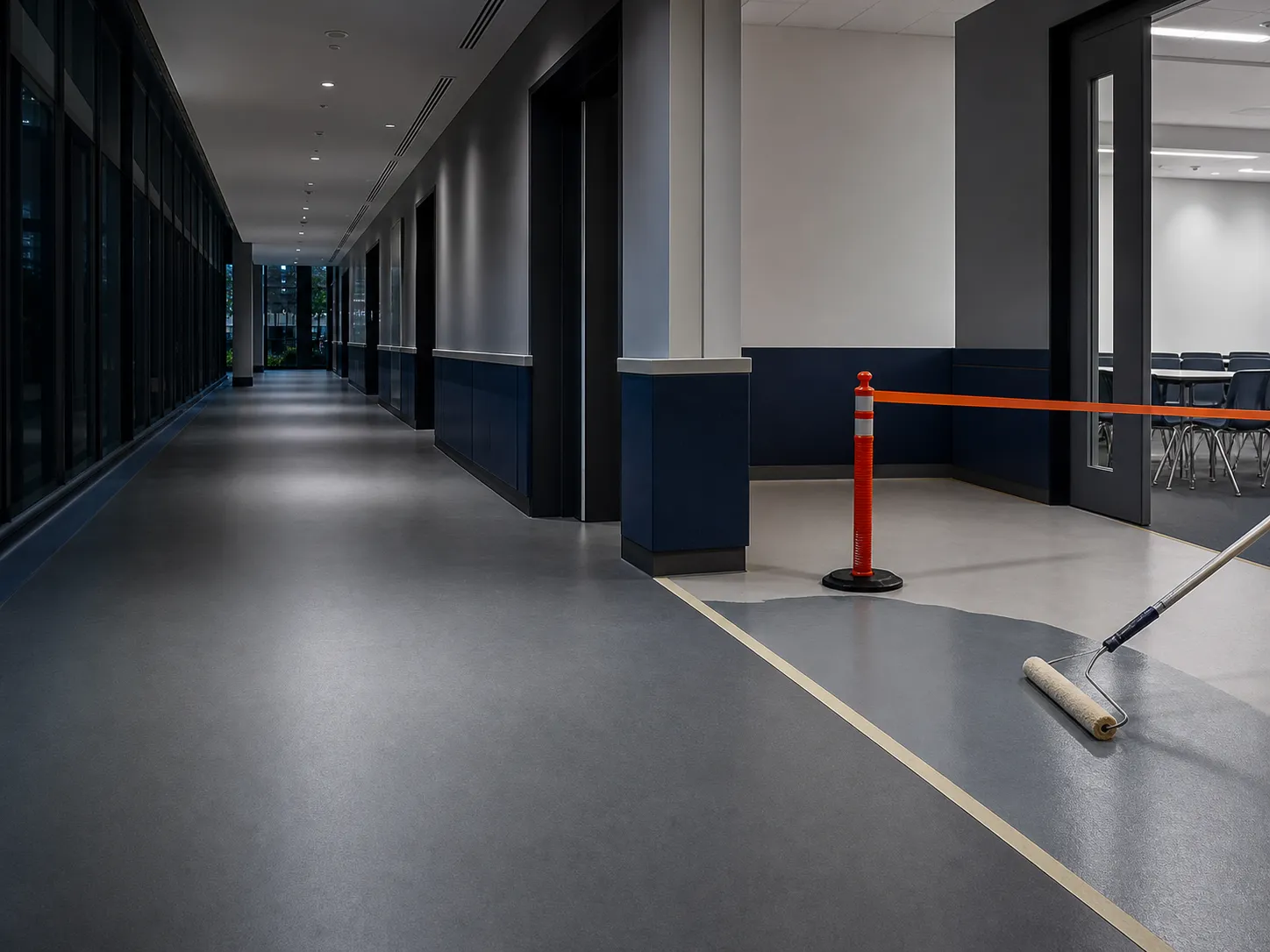 Controlled polyurethane floor recoating zone in a premium occupied-building corridor