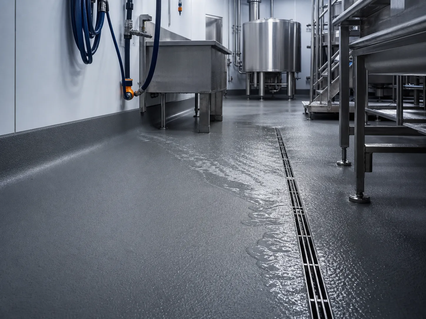 Hygienic PU-cement floor with coved junction and controlled wash-down water flowing toward a stainless drain