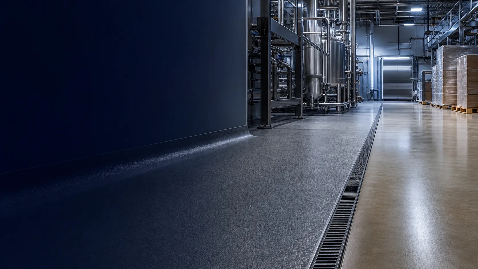 Industrial food-production facility showing a substantial PU-cement wet-process floor beside a refined polyurethane-coated dry aisle