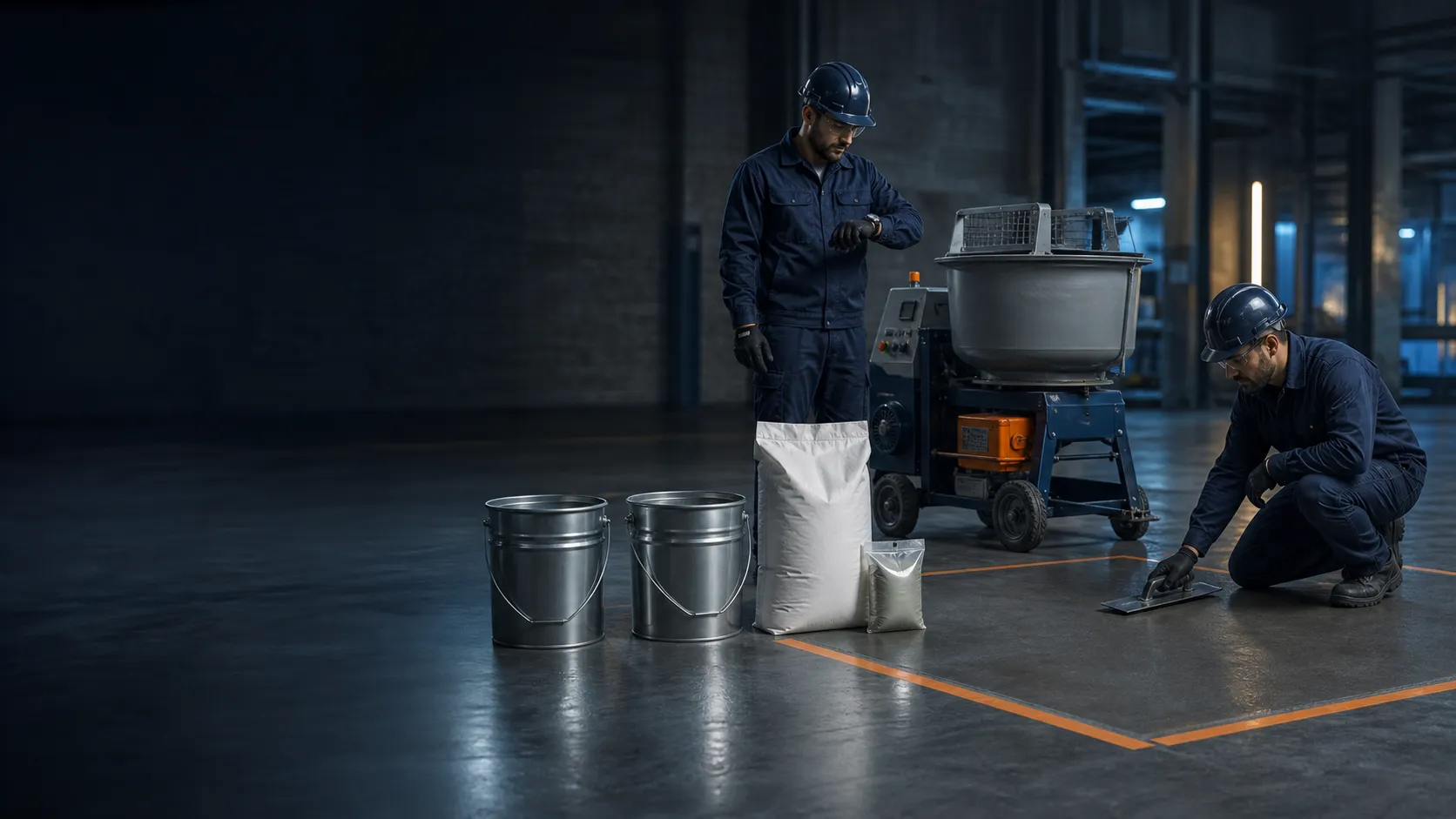 Four-part PU-cement batching station with pails, powder bag, small pouch, mixer and timing controls