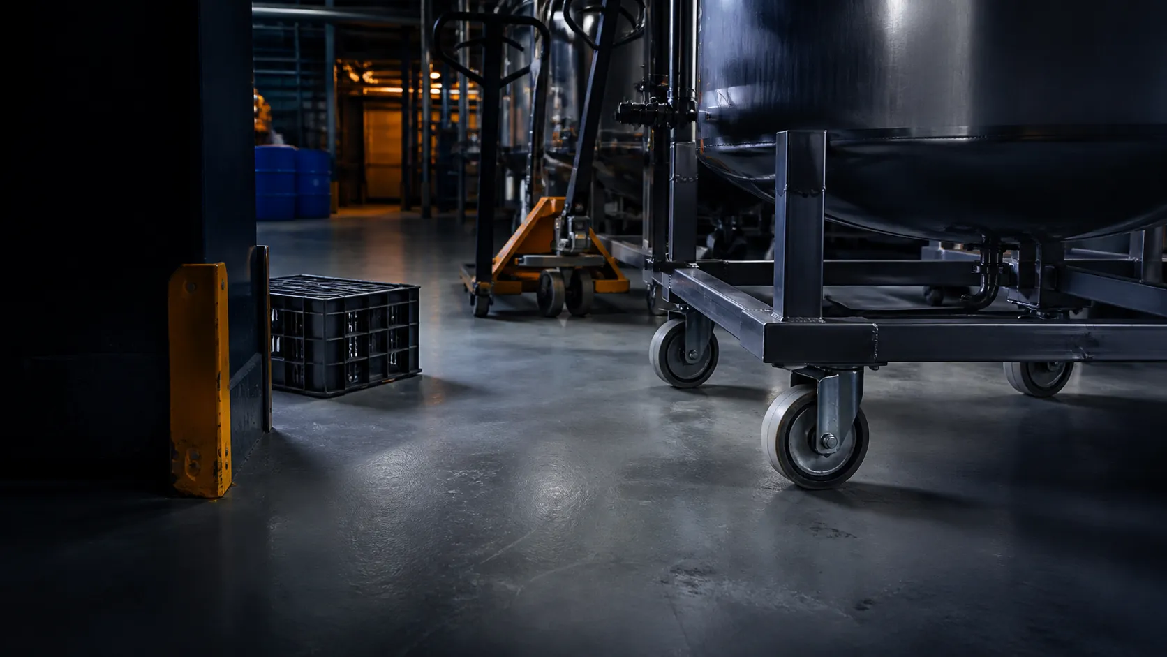Industrial resin floor carrying pallet-truck and mobile-vessel traffic with clearly visible wheel paths
