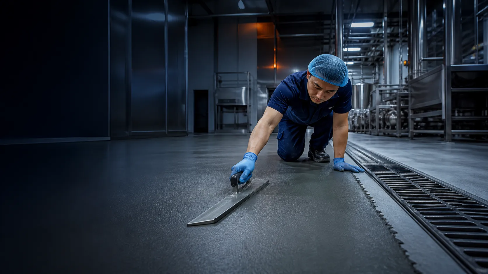 Technician applying a cool-grey polyurethane-cement screed in a hygienic process facility