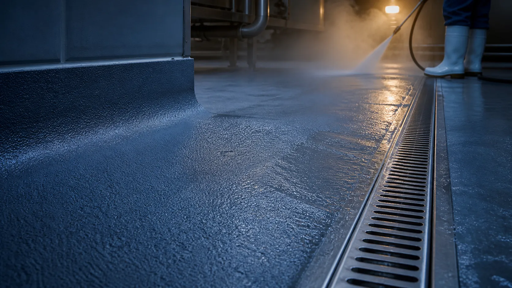 Hygienic process floor under controlled wash-down beside a stainless trench drain and coved wall junction