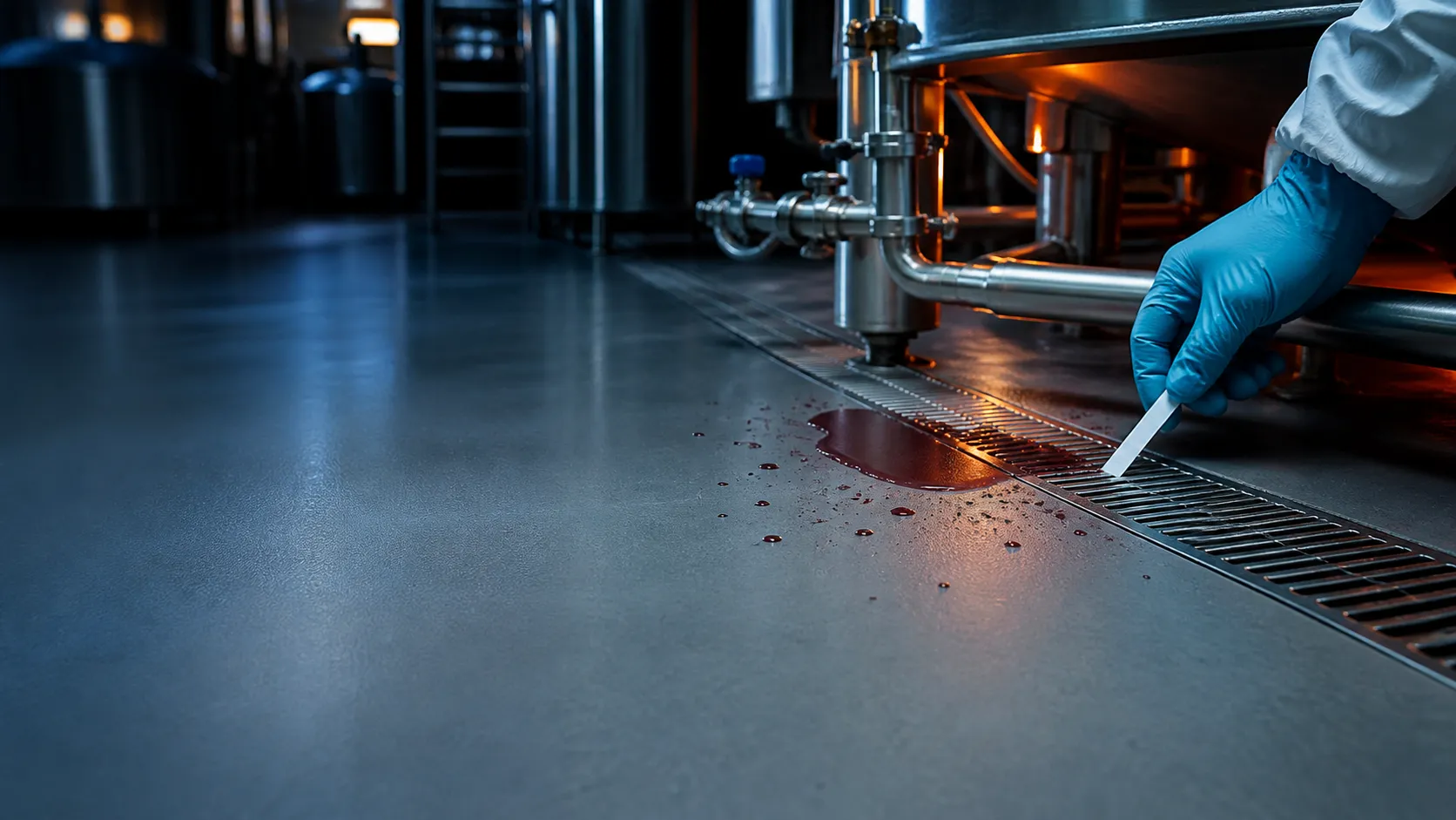 Controlled process-liquid spill being inspected on an industrial resin floor beside a stainless drain
