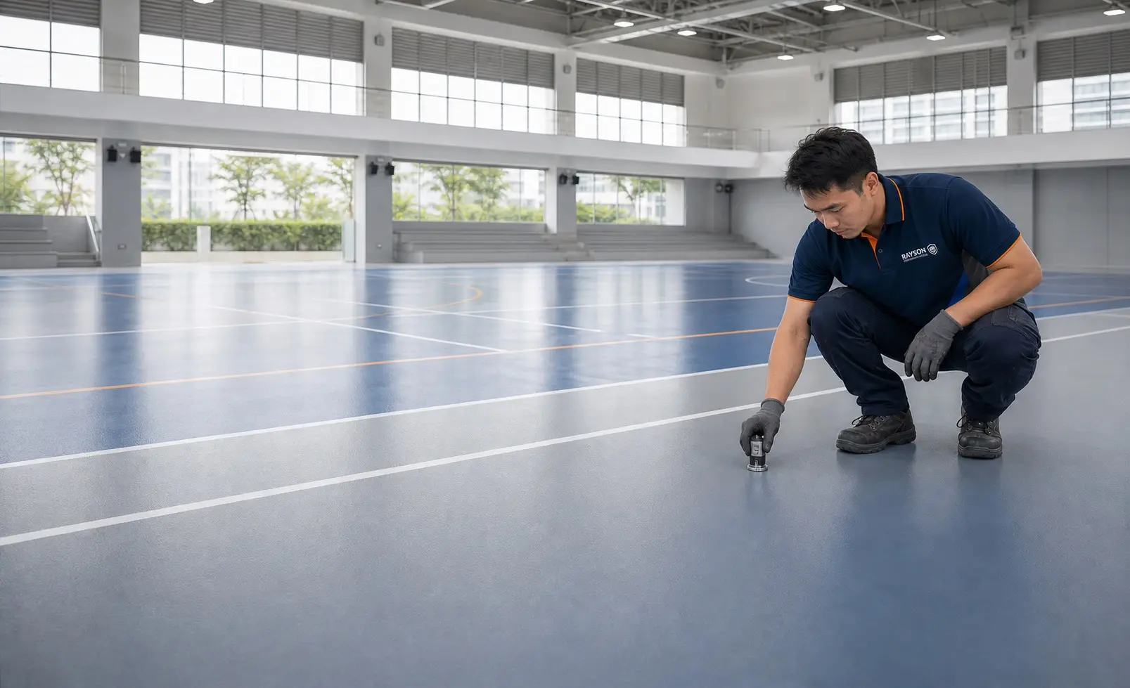 Technician testing the slip resistance of a completed floor surface