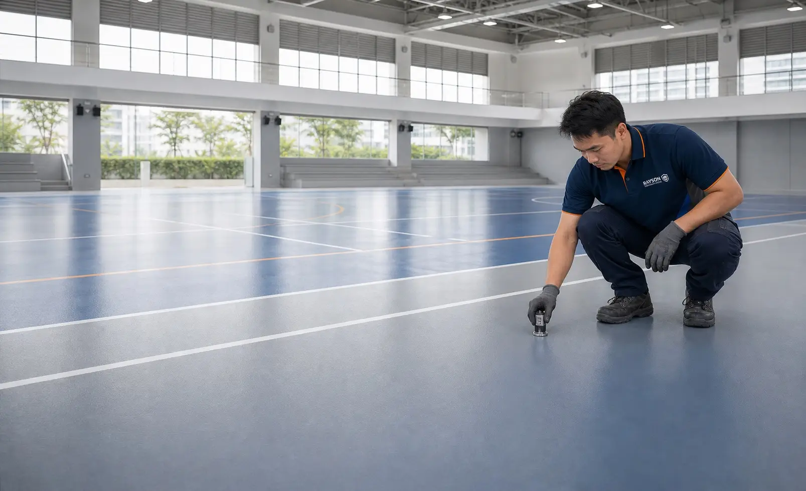 Rayson SiteForce technician testing a completed durable public-facility floor