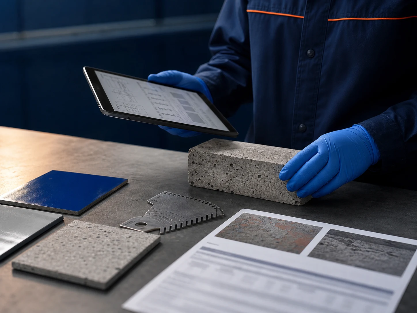 Rayson technician reviewing concrete samples, coating panels and project information
