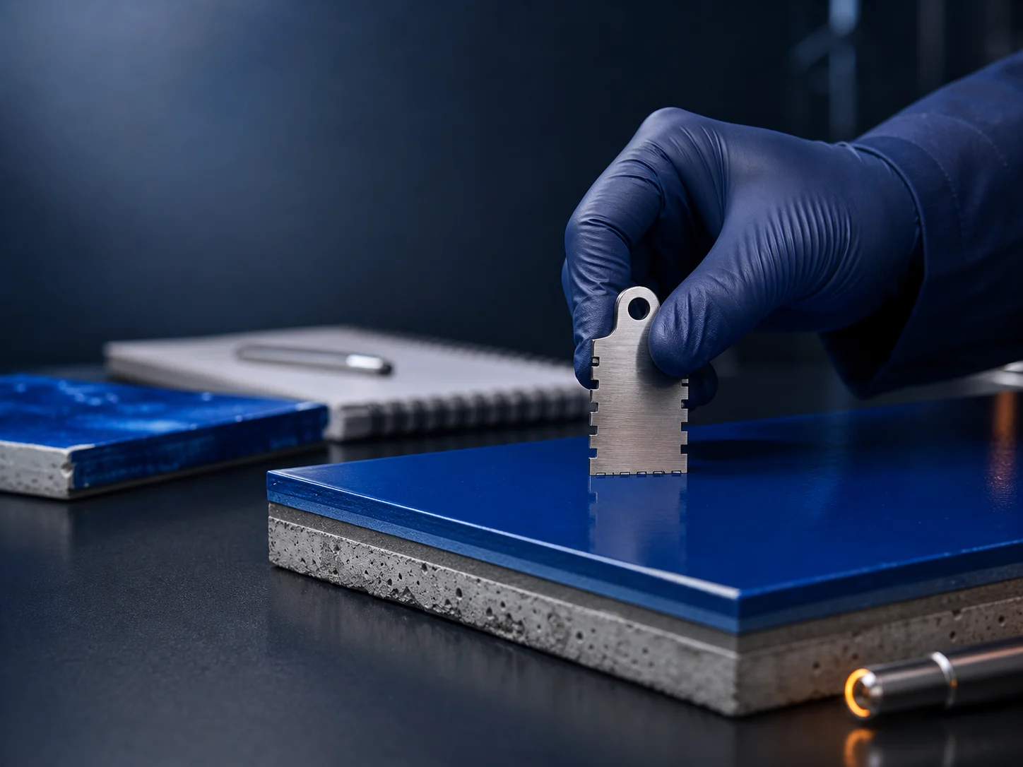Technician using a wet-film gauge to inspect a blue protective coating on a concrete sample