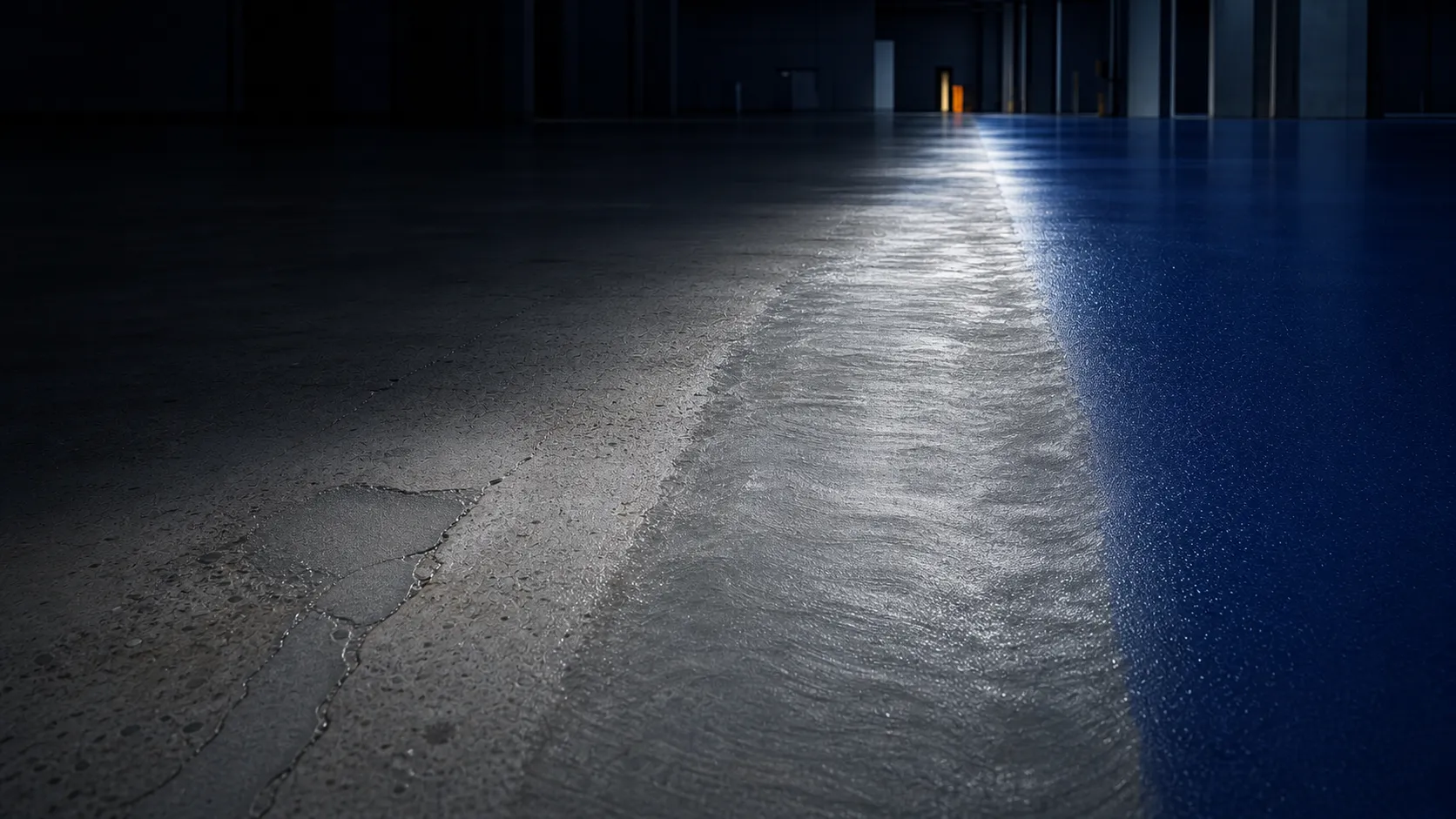 Industrial floor progressing from damaged concrete through preparation and primer to a continuous deep-blue protective finish