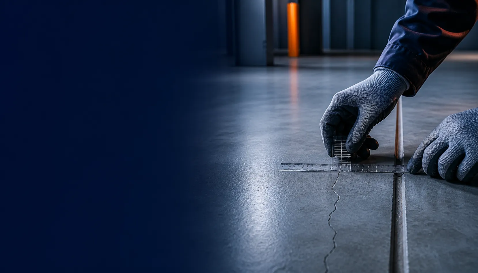 Technician measuring and recording a crack beside a movement joint in an industrial concrete floor