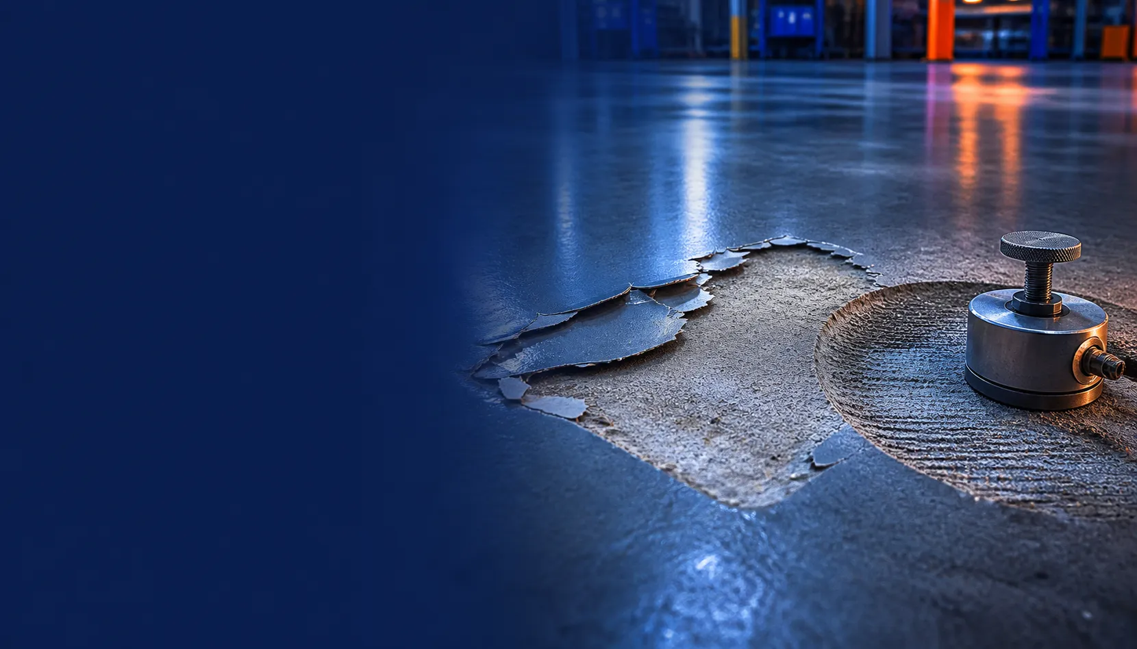 Industrial floor delamination investigation showing lifted coating, profiled concrete and a pull-off test dolly