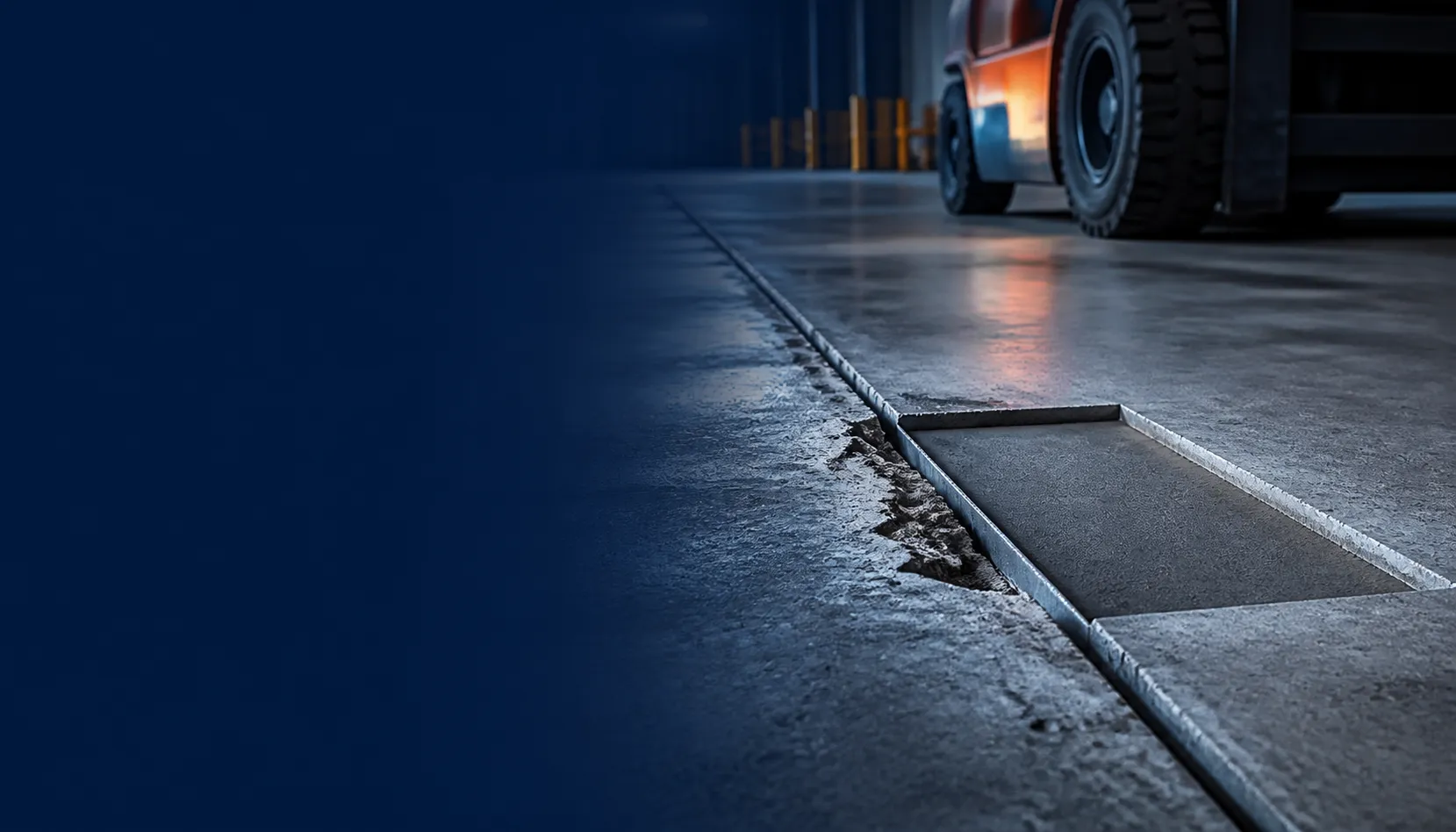 Square-cut concrete joint-edge repair area in a warehouse forklift aisle