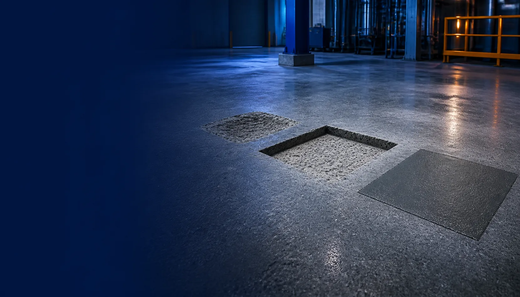 Three stages of an industrial-floor pothole repair from cut-out and preparation to flush reinstatement