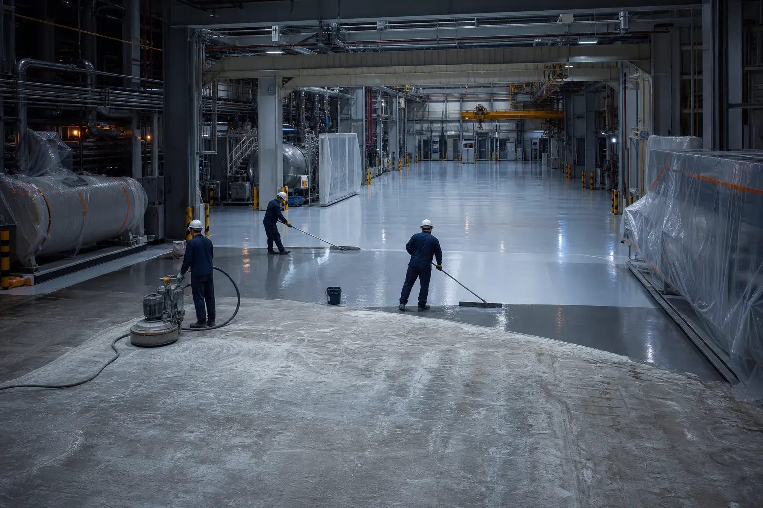 Industrial floor preparation and coating completed across a fully closed facility during a planned holiday shutdown