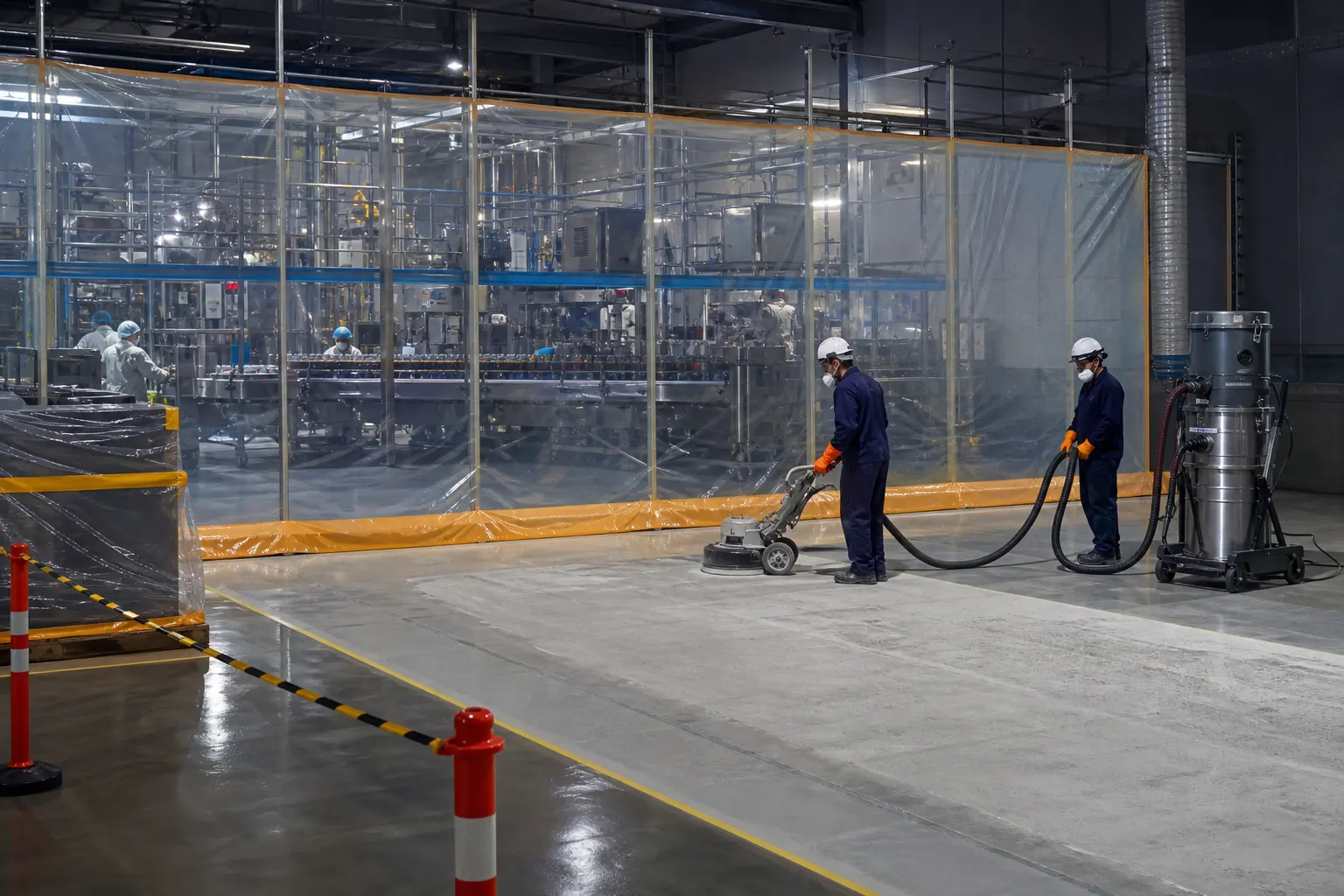 Floor preparation isolated behind sealed screening while a food production line continues operating