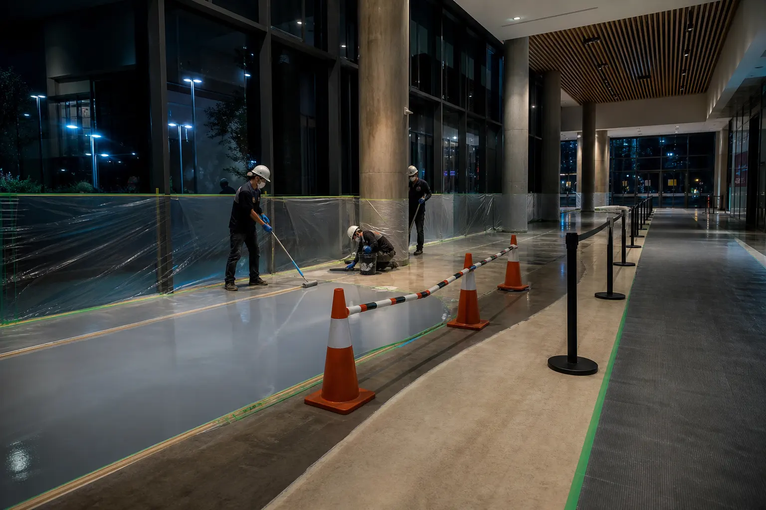 A compact floor-coating work zone isolated inside a commercial facility during an overnight access window